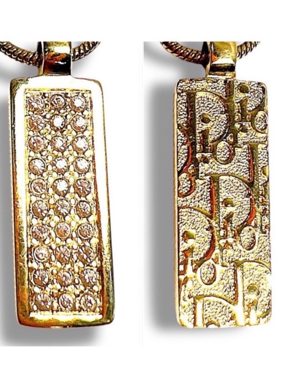 CHRISTIAN DIOR AUTH  Rhinestone & Signature Logo other side/Gold 15” Necklace